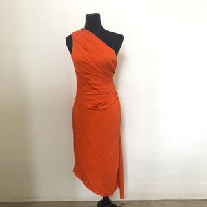 Orange Short One Shoulder Ruched Dress